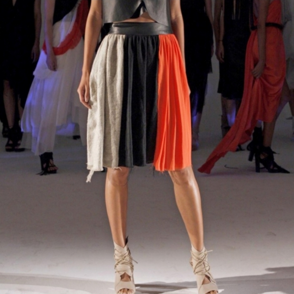 Mandy Coon Runway skirt short mixed media leather burlap silk colorblock 8
